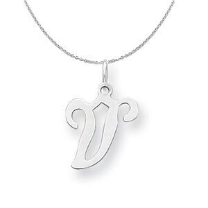 Silver, Sophia Collection, Small Script Initial V Necklace - 24 In